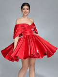 Off Shoulder Short Homecoming Dresses Red Christmas Holiday Party Dress Mini YW243104