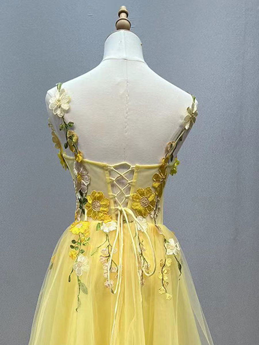 Ankle Length Prom Party Dress with Floral Lace Appliqué Fairy Graduation dresses YE3029