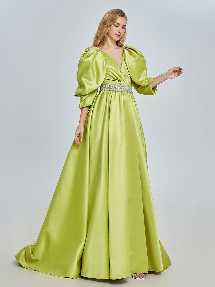 A-line V-Neck Half Sleeves Fluorescent Green Satin Prom Dresses YE2527