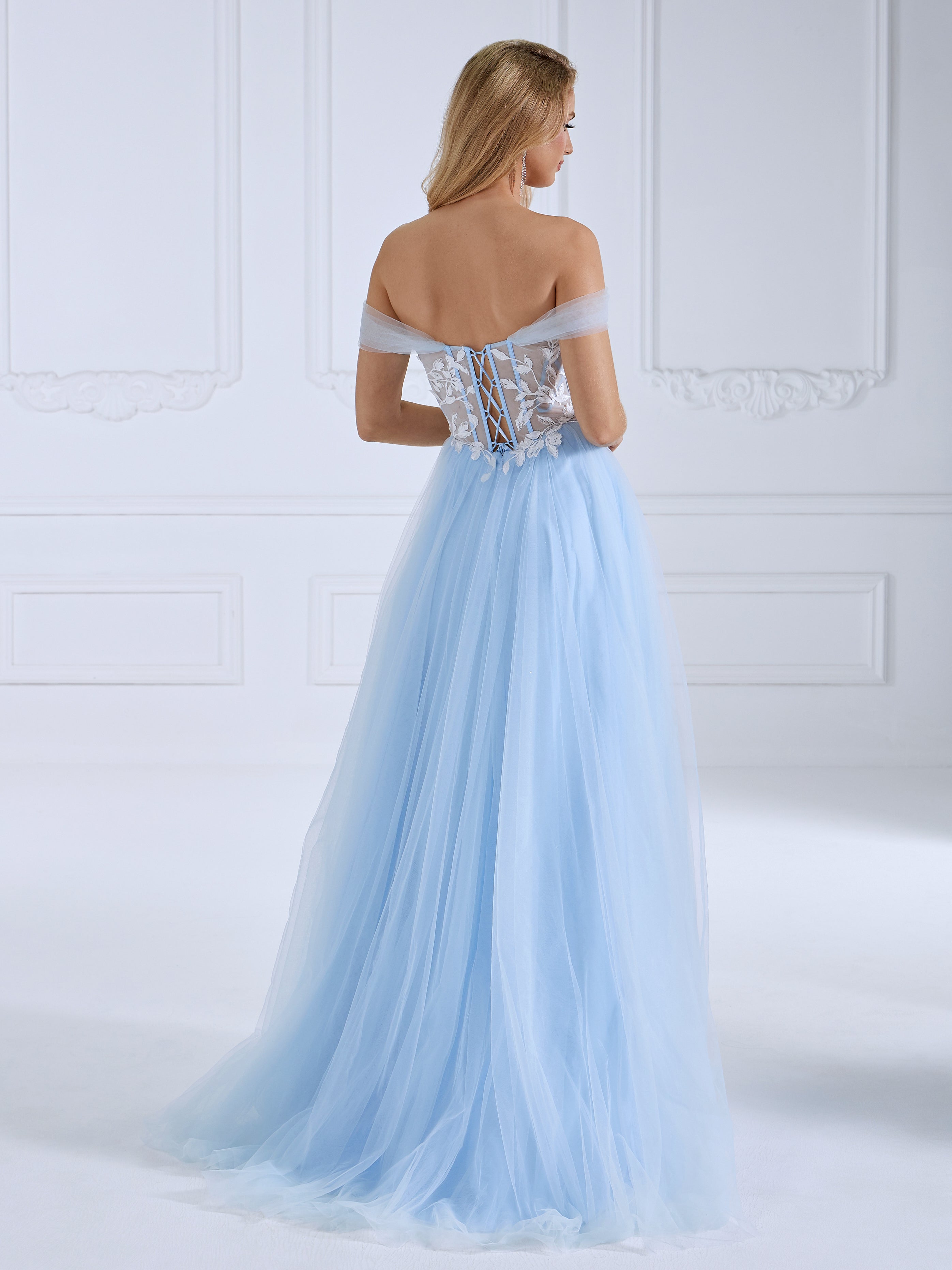 A-Line Blue Tulle Prom Dress Side Leg Split Floor-Length Photo Shoot Dress #17957