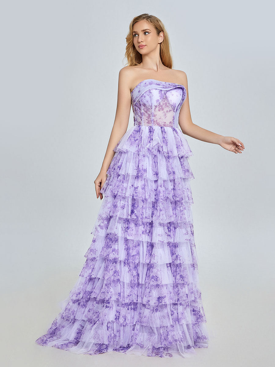 Elegant Lavender Tiered Gown Layered Printed Tulle Prom Party Dress YE3024