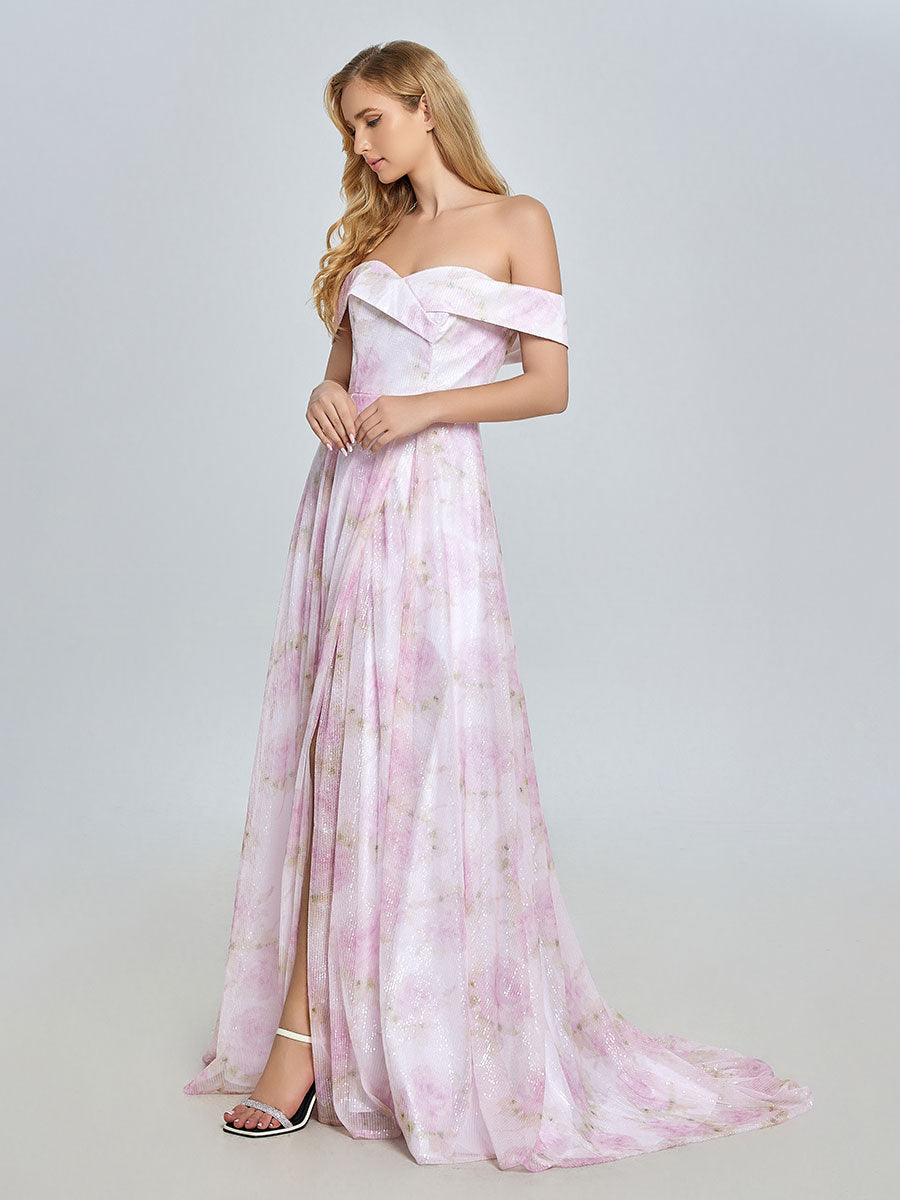 A-line Elegant Off Shoulder Pink Printed Prom Dress YE3019