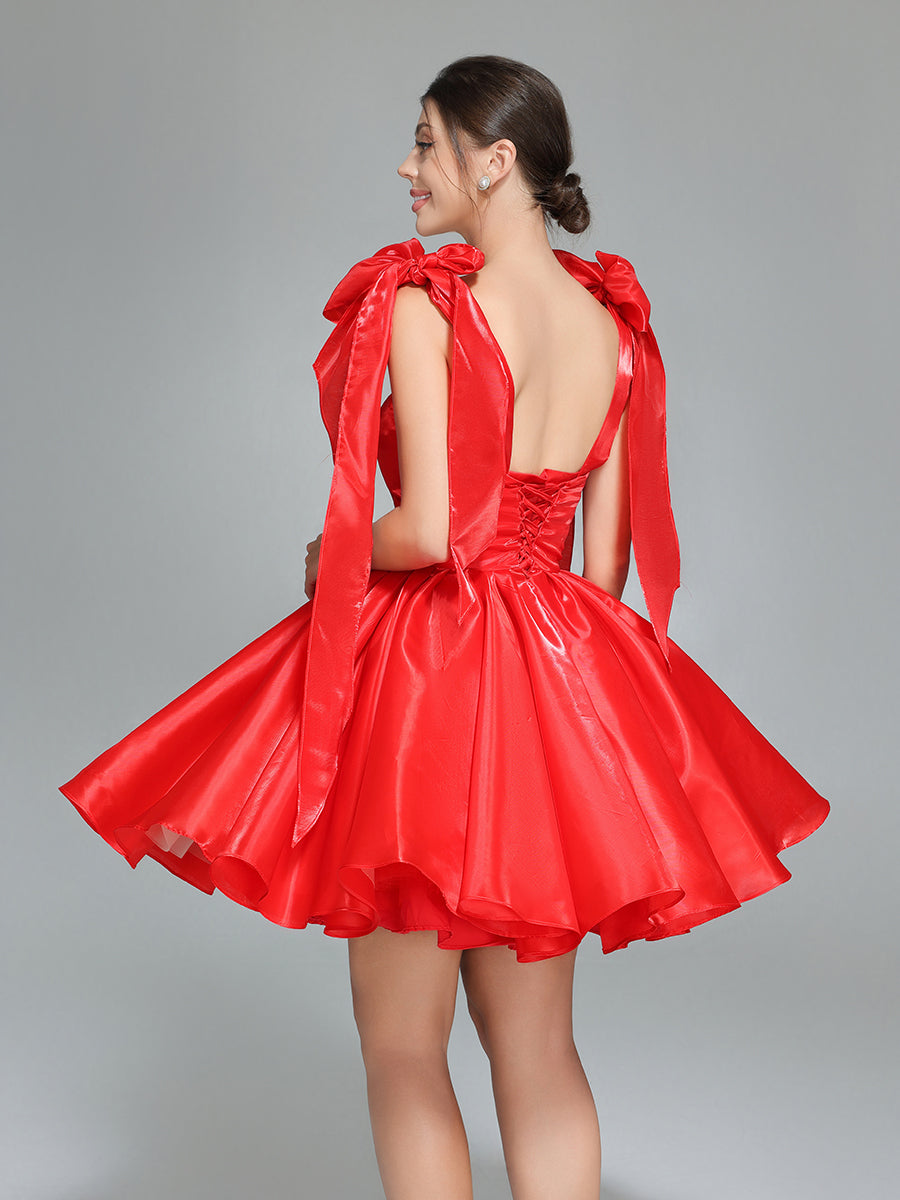 Bow Accent Sweetheart Short Mini Homecoming Dresses Red Christmas Party Dress YW243100