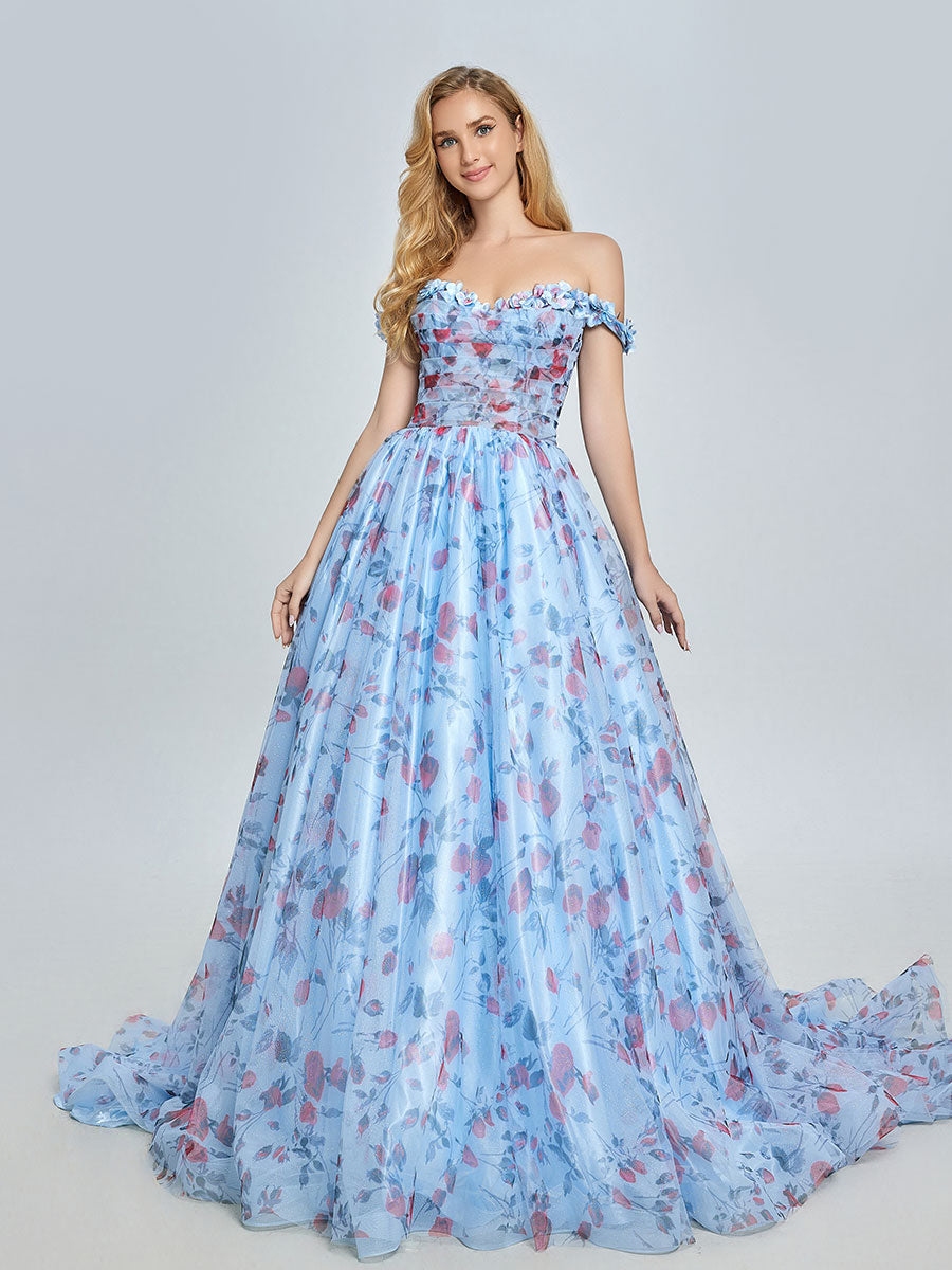 Elegant Off Shoulder Floral Printed Sweep Train Prom Dress YE3023
