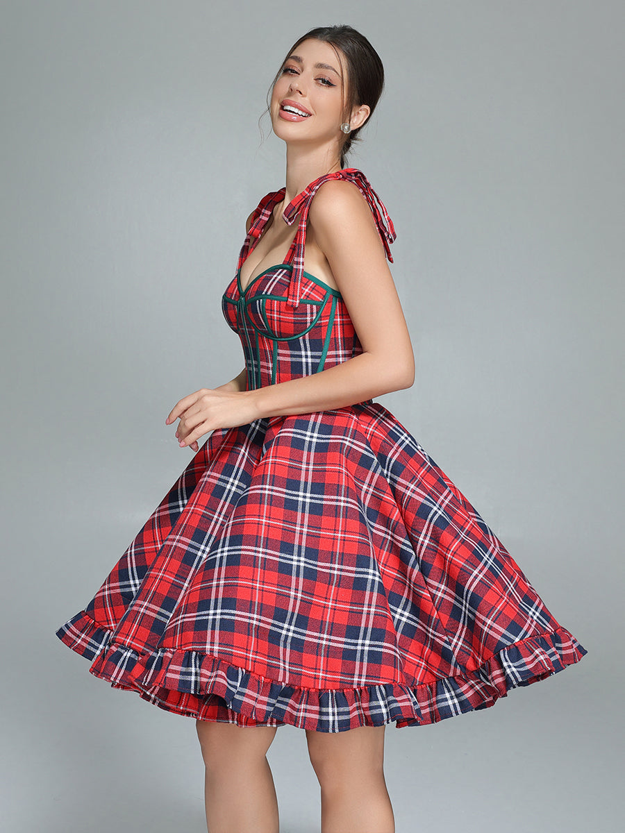 Vintage Christmas Plaid Dress A-Line Party Tartan Dresses YW243106