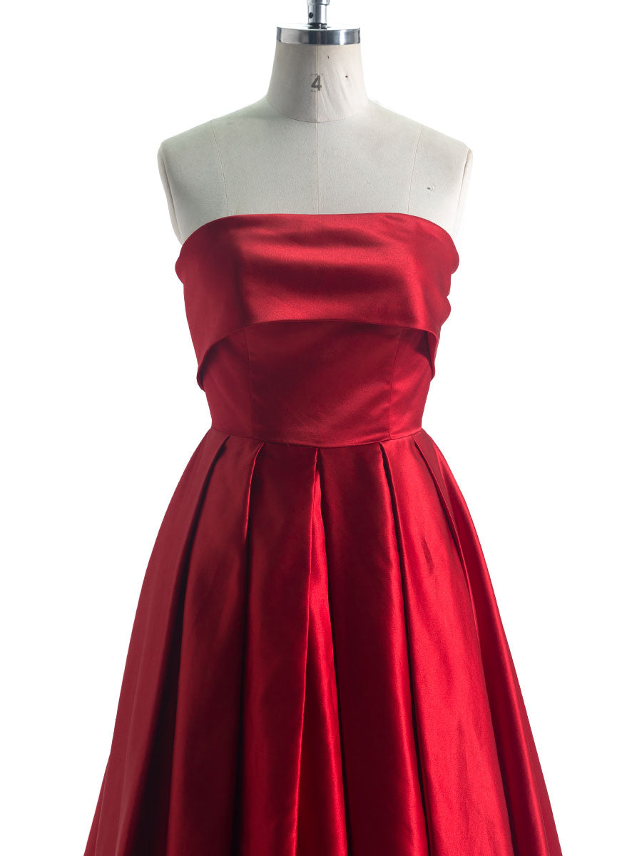 A Line Square Floor-Length Silky Red Satin Prom Dresses #LT3734