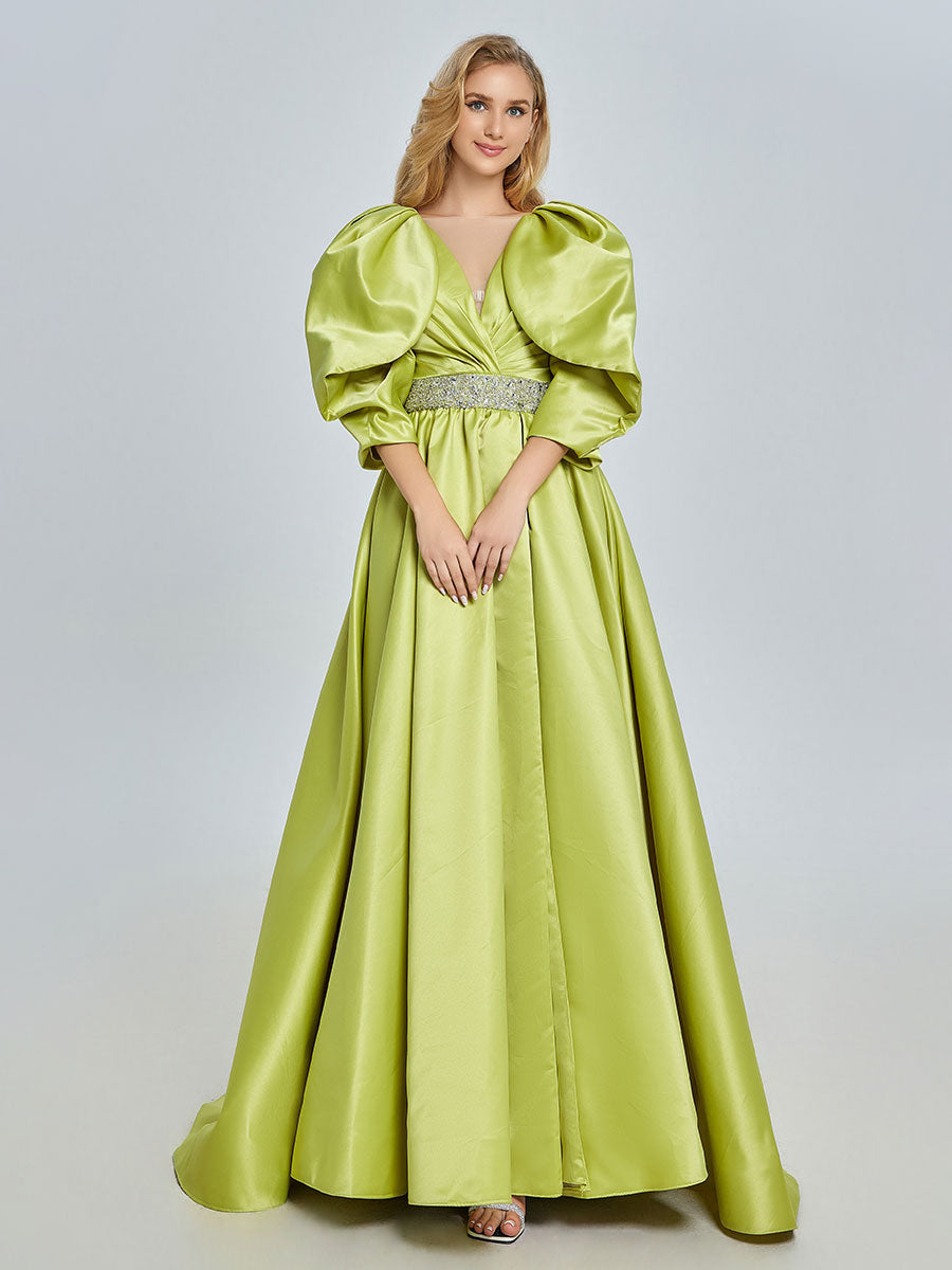 A-line V-Neck Half Sleeves Fluorescent Green Satin Prom Dresses YE2527
