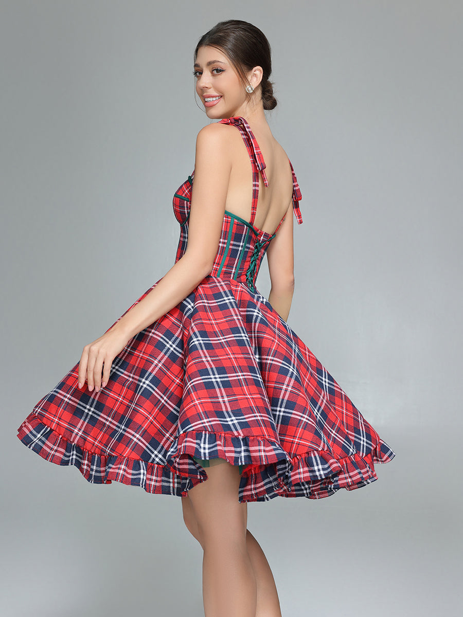 Vintage Christmas Plaid Dress A-Line Party Tartan Dresses YW243106