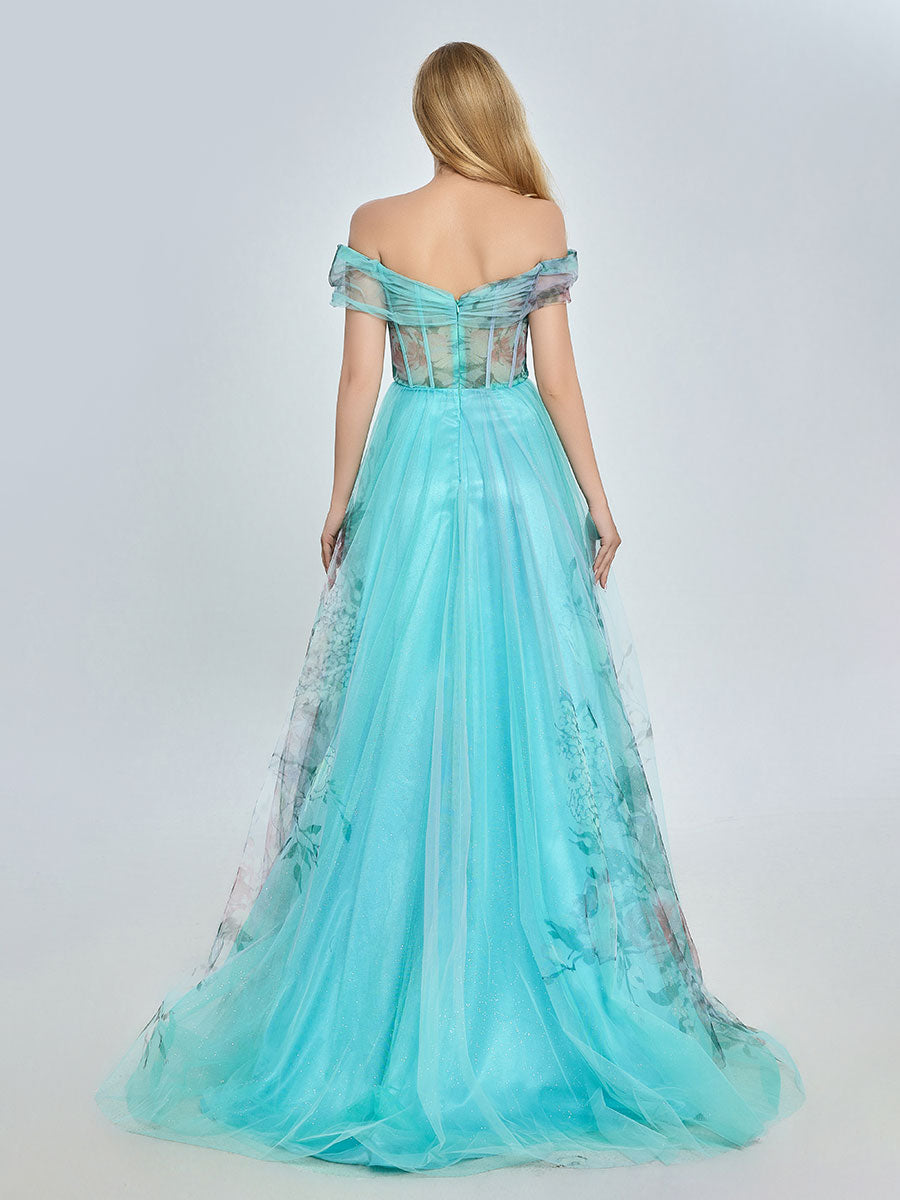 Elegant Aqua Floral Printed Off-Shoulder Prom Dress YE3022