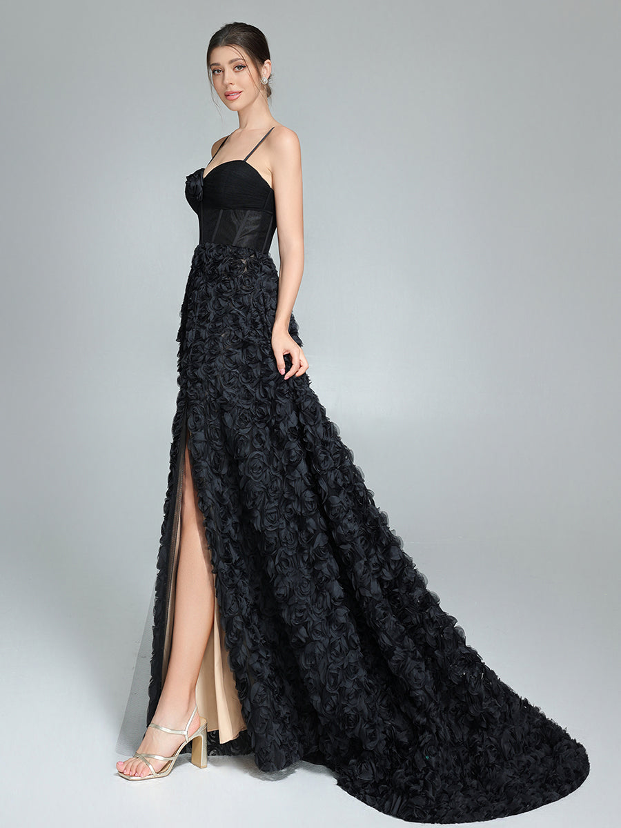 Black A-line Gown with Corset Bodice Mesh Rose Evening Formal Gown YW240043