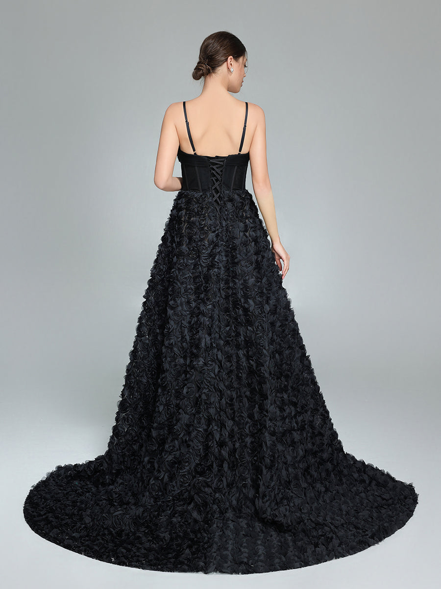Black A-line Gown with Corset Bodice Mesh Rose Evening Formal Gown YW240043