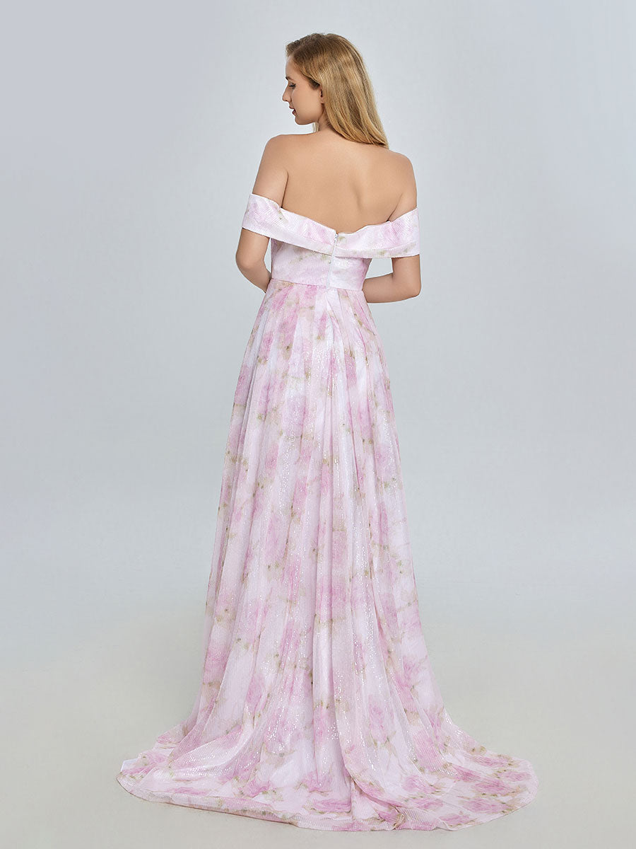 A-line Elegant Off Shoulder Pink Printed Prom Dress YE3019