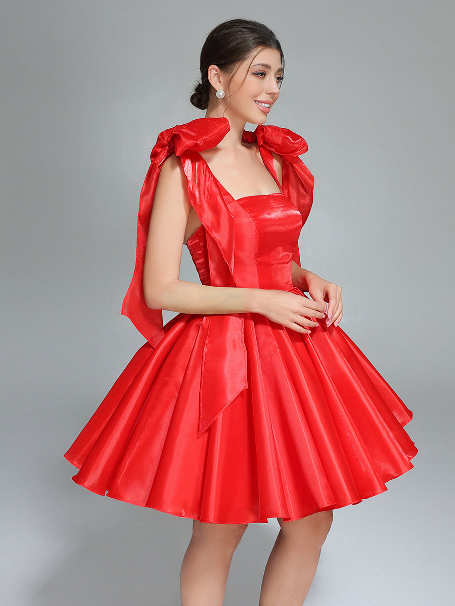Bow Accent Sweetheart Short Mini Homecoming Dresses Red Christmas Party Dress YW243100