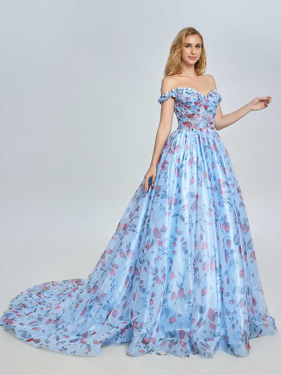 Elegant Off Shoulder Floral Printed Sweep Train Prom Dress YE3023