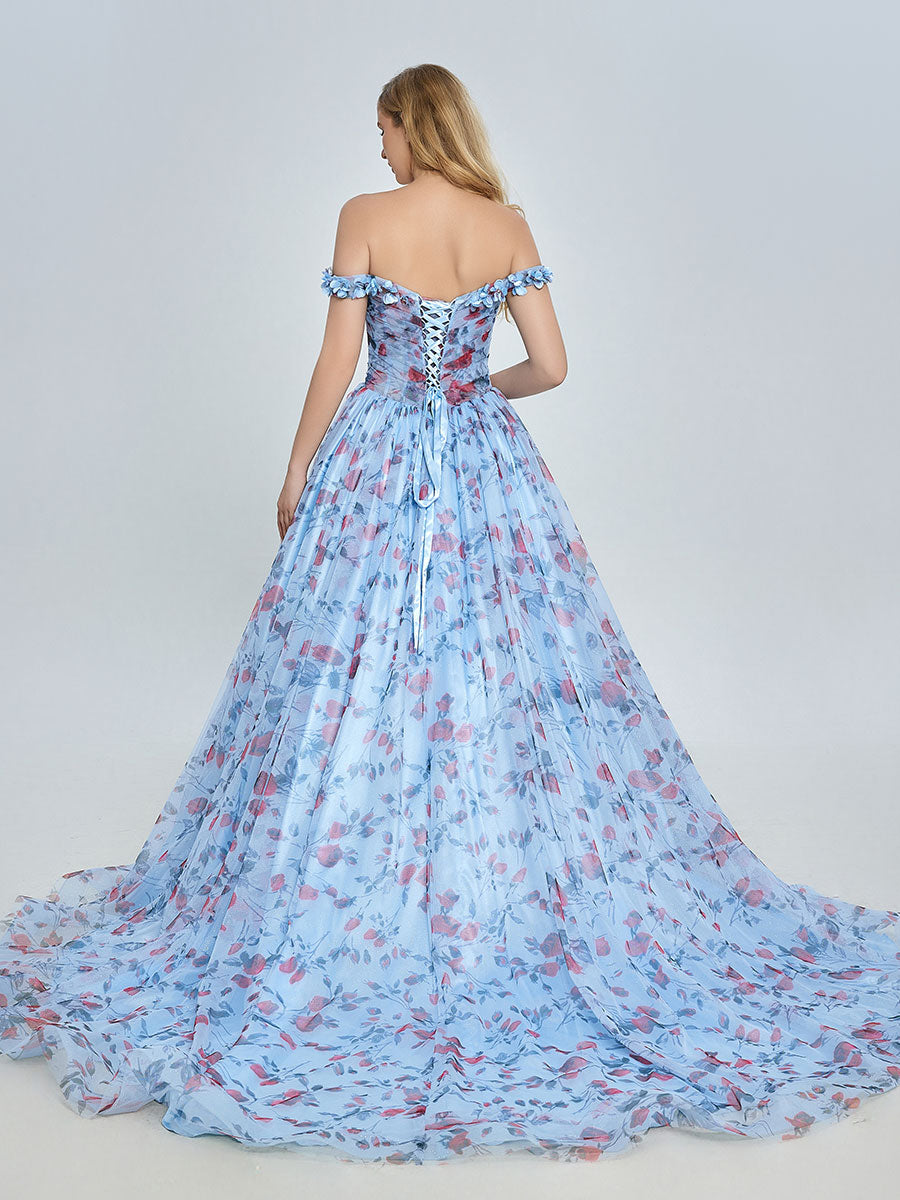Elegant Off Shoulder Floral Printed Sweep Train Prom Dress YE3023
