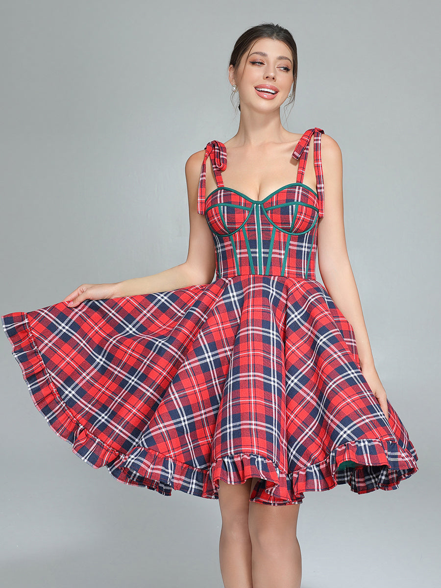 Vintage Christmas Plaid Dress A-Line Party Tartan Dresses YW243106