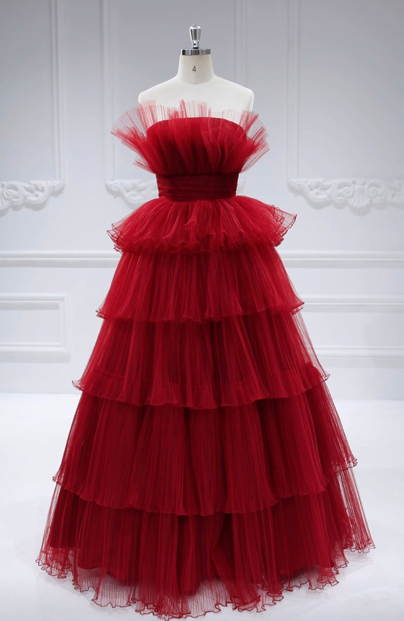 A-Line Pleated Layered Tulle Burgundy Colored Wedding Dresses #22043