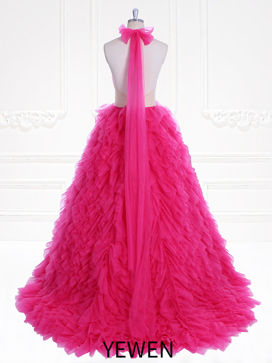 High Neck Tulle Ruffles Prom Gown Colored Wedding Dresses YW230729