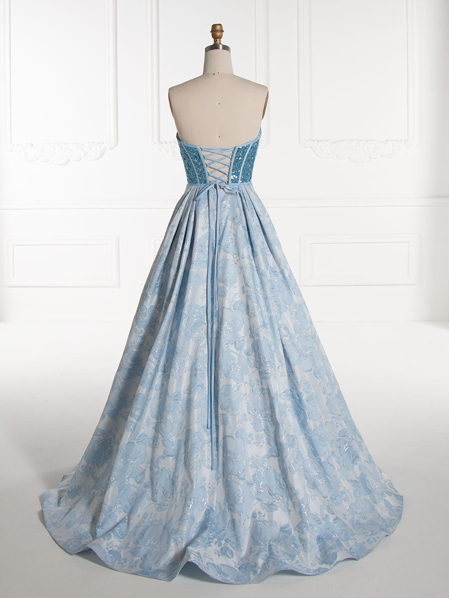 Elegant Sweetheart Blue Sequin Corset Top Jacquard Long Prom Dress YE3011