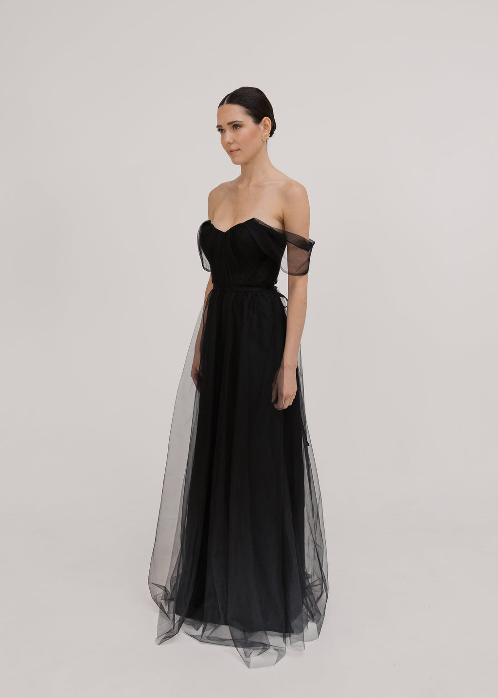 Bardot Bridesmaid Dress in Black Tulle
