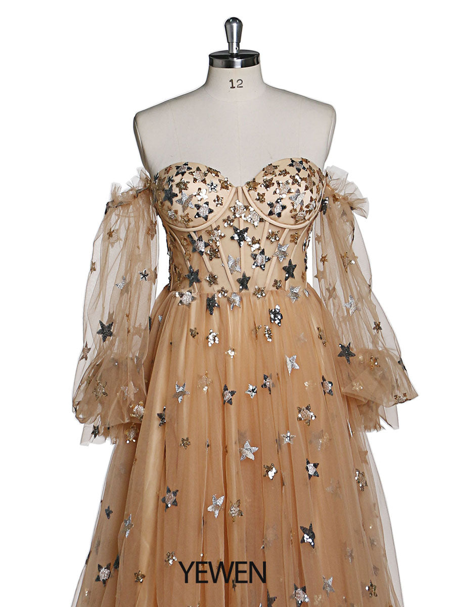 Sparkle Stars Evening Dress Long Detachable Sleeves Formal Party Dress Photo Shoot Dress Plus Size YW220311