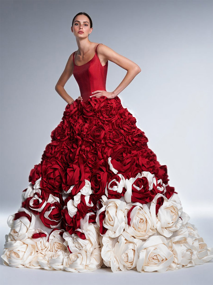 Elegant Red and White Rosette A Line Ball Gown Wedding Dress Special Occasion Dresses Photography Bridal Gown Photoshoot Dress