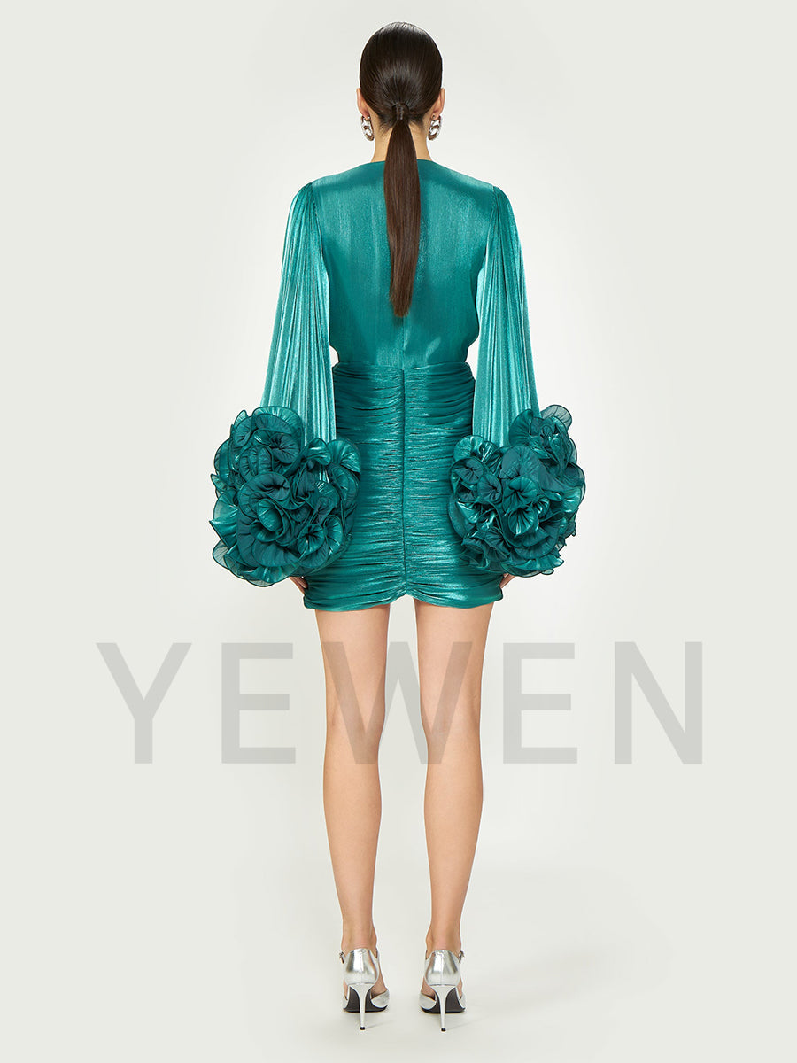 Teal Blue Short Prom Party Dress Fold Mini Dress Slim Night Party Gown