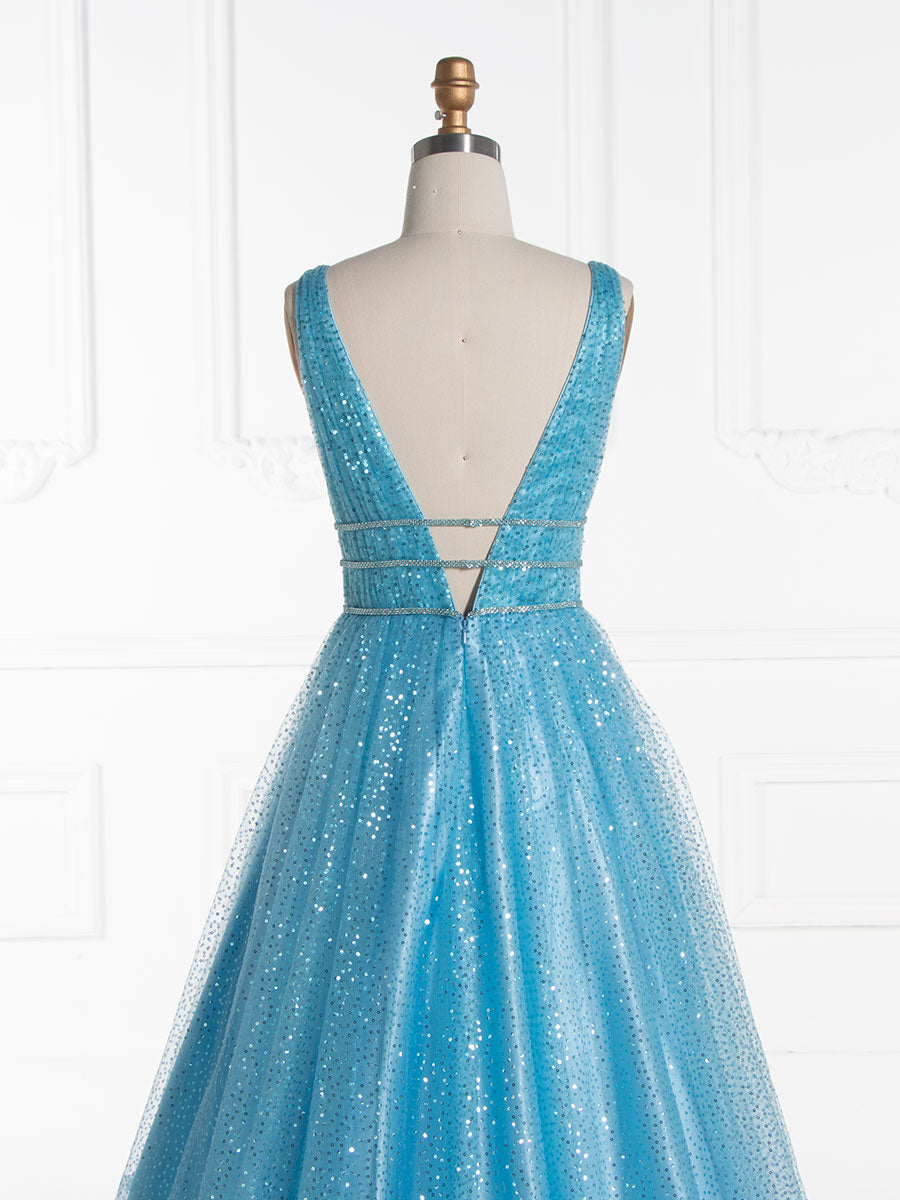 A line V Neck Long Sequin Prom Dress YE3015