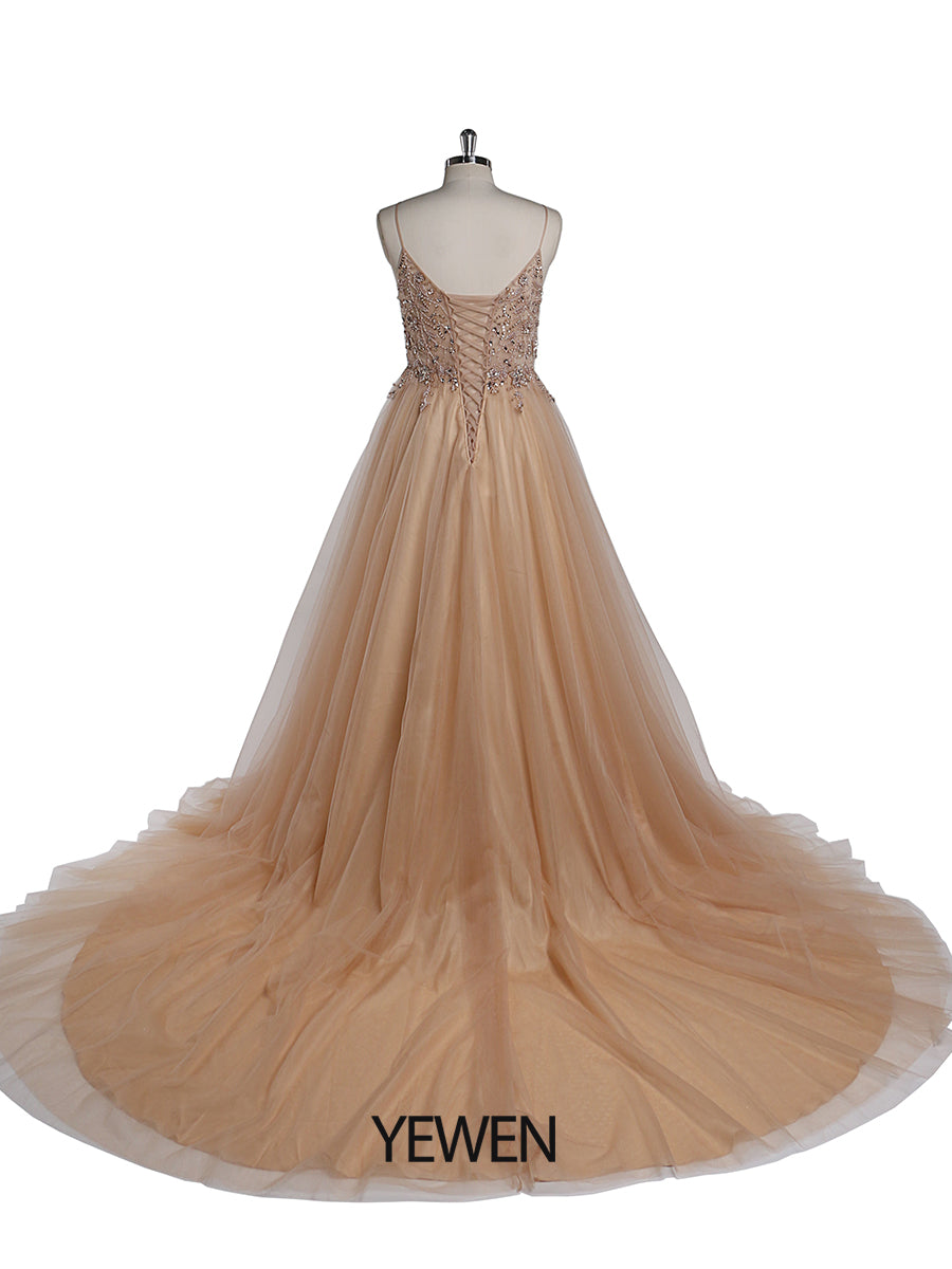 Sexy Party Dress Beaded Spaghetti Strap Backless Tulle Maxi Dress 60cm Train