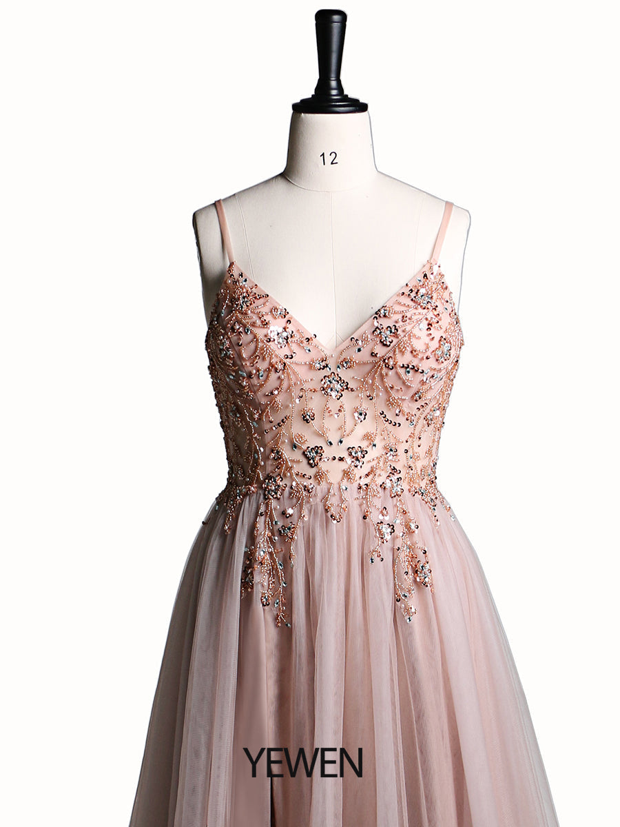 Sexy Party Dress Beaded Spaghetti Strap Backless Tulle Maxi Dress 60cm Train