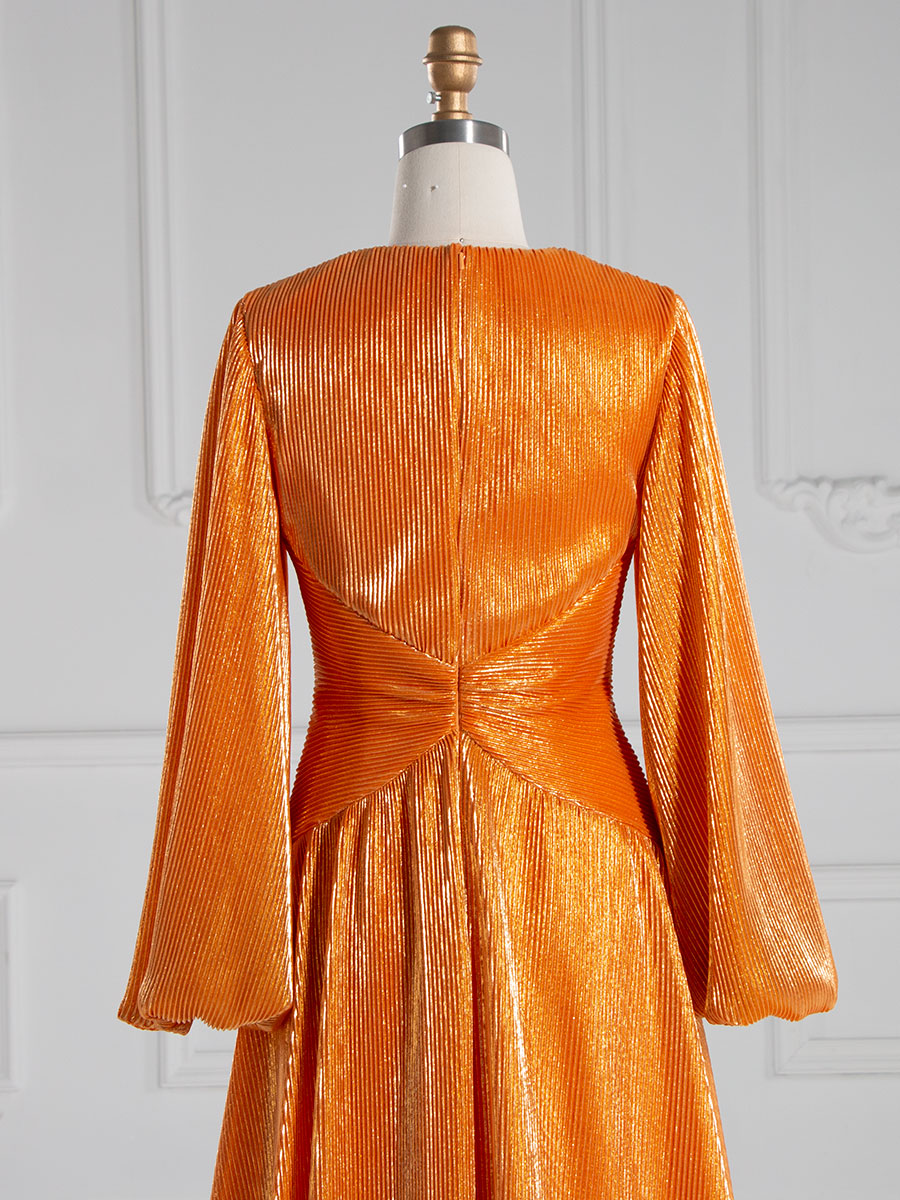 A-line V Neck Floor Length Prom Dresses with Long Sleeves YE3013