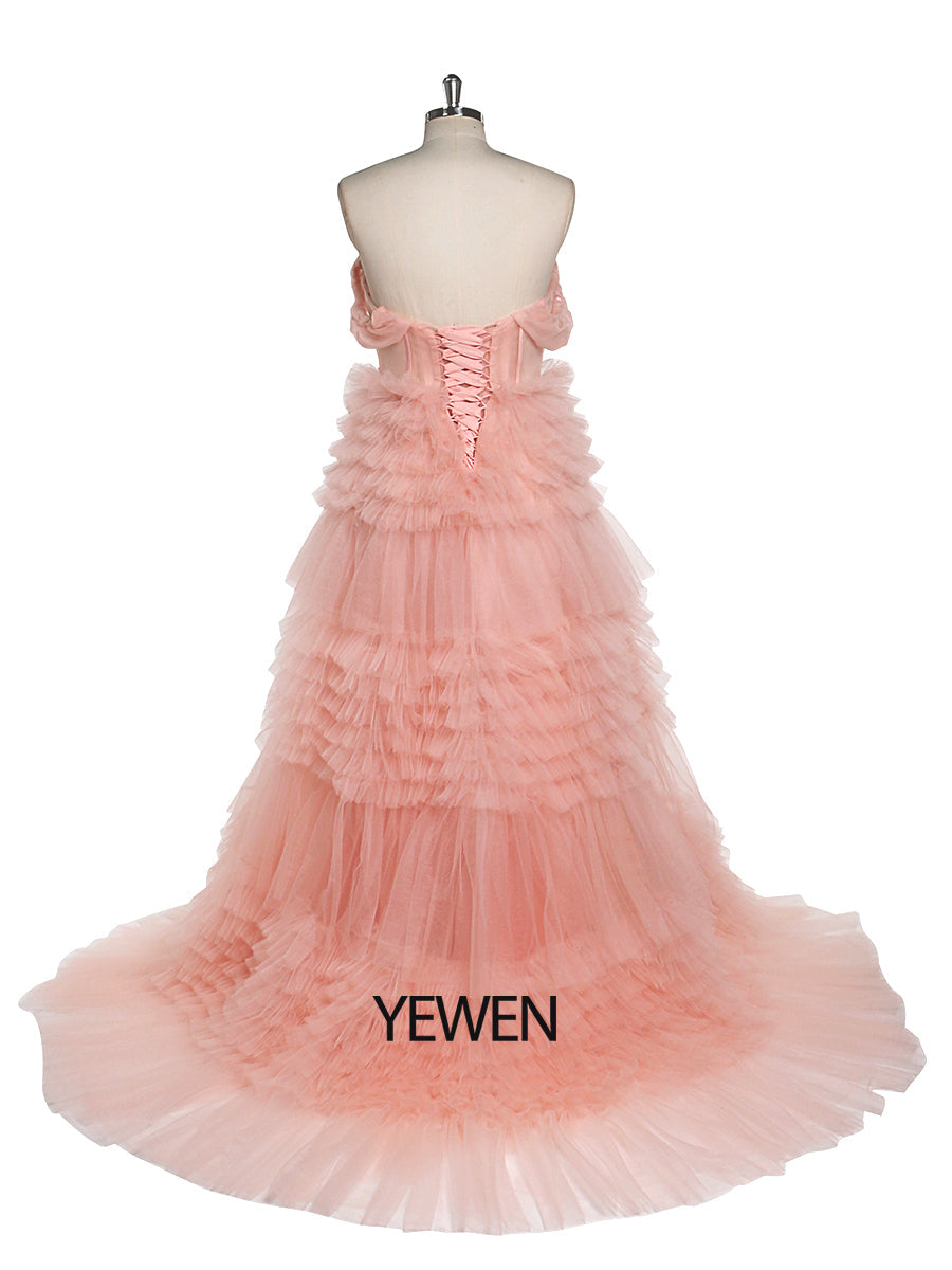 Tiered Tulle Prom Dress Long Elegant Off Shoulder Sweatheart Woman Photography Dresses YEWEN