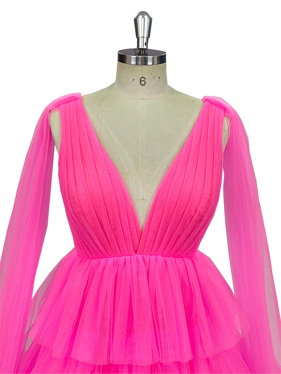 Layered  Long Train Wedding Dress Double V-Neck Ruffled Tiered Tulle Photo Shoot Gown YW231055