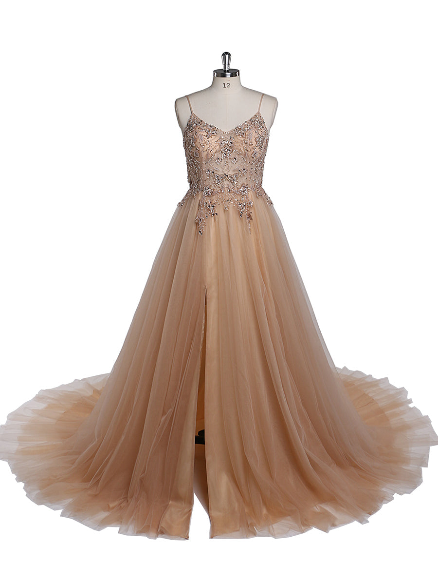 Sexy Party Dress Beaded Spaghetti Strap Backless Tulle Maxi Dress 60cm Train