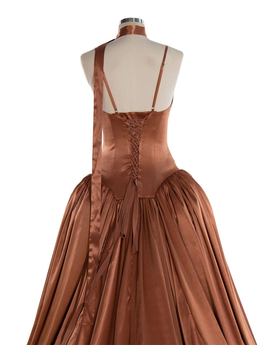 Brown Silk Satin Long Dress with Shirred Skirt Detail Party Dress YW240026