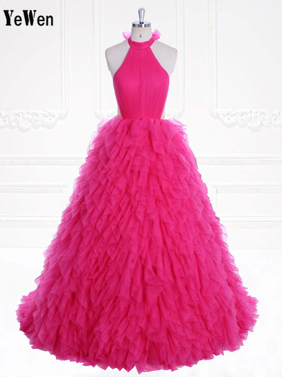 High Neck Tulle Ruffles Prom Gown Colored Wedding Dresses YW230729