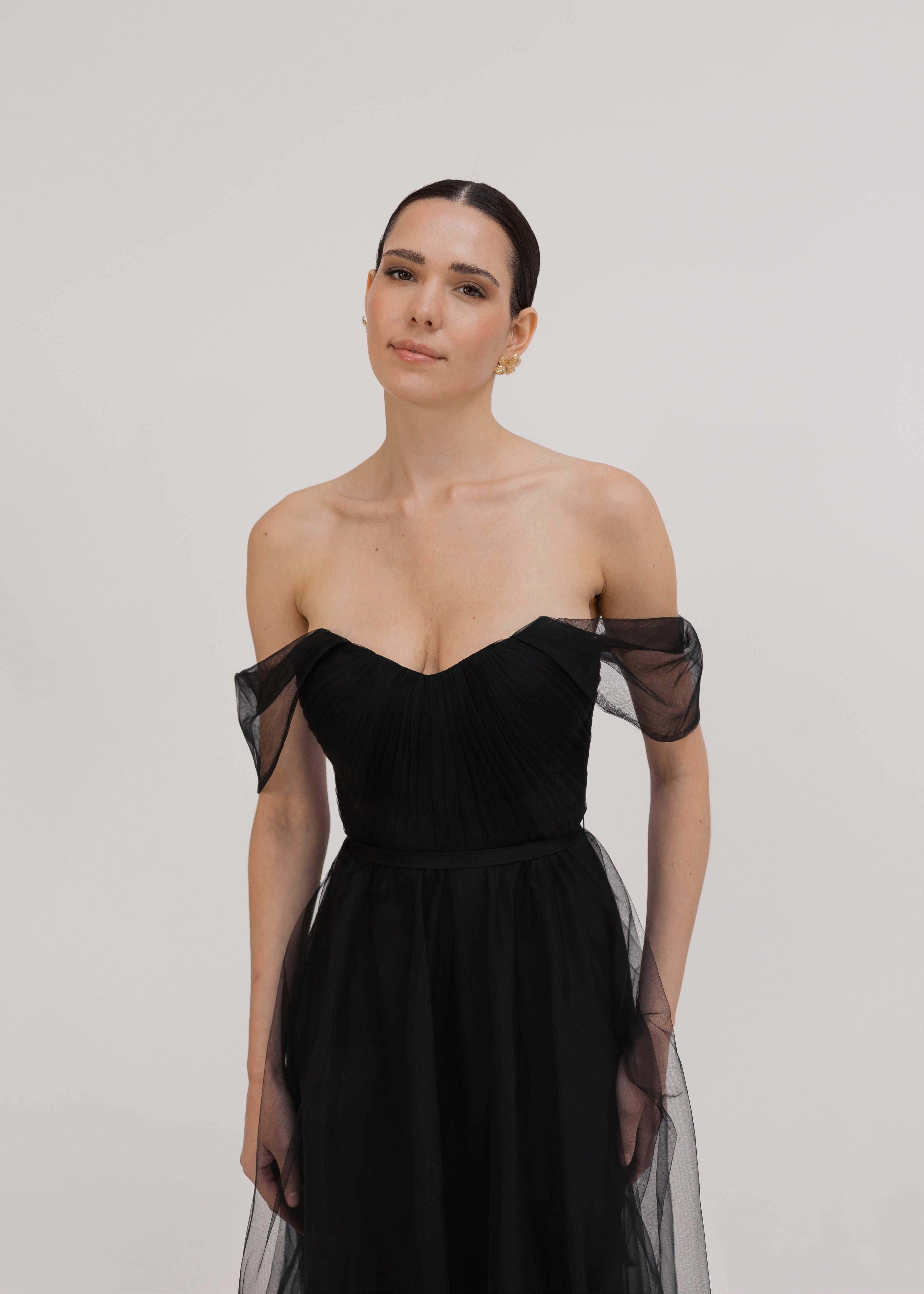 Bardot Bridesmaid Dress in Black Tulle
