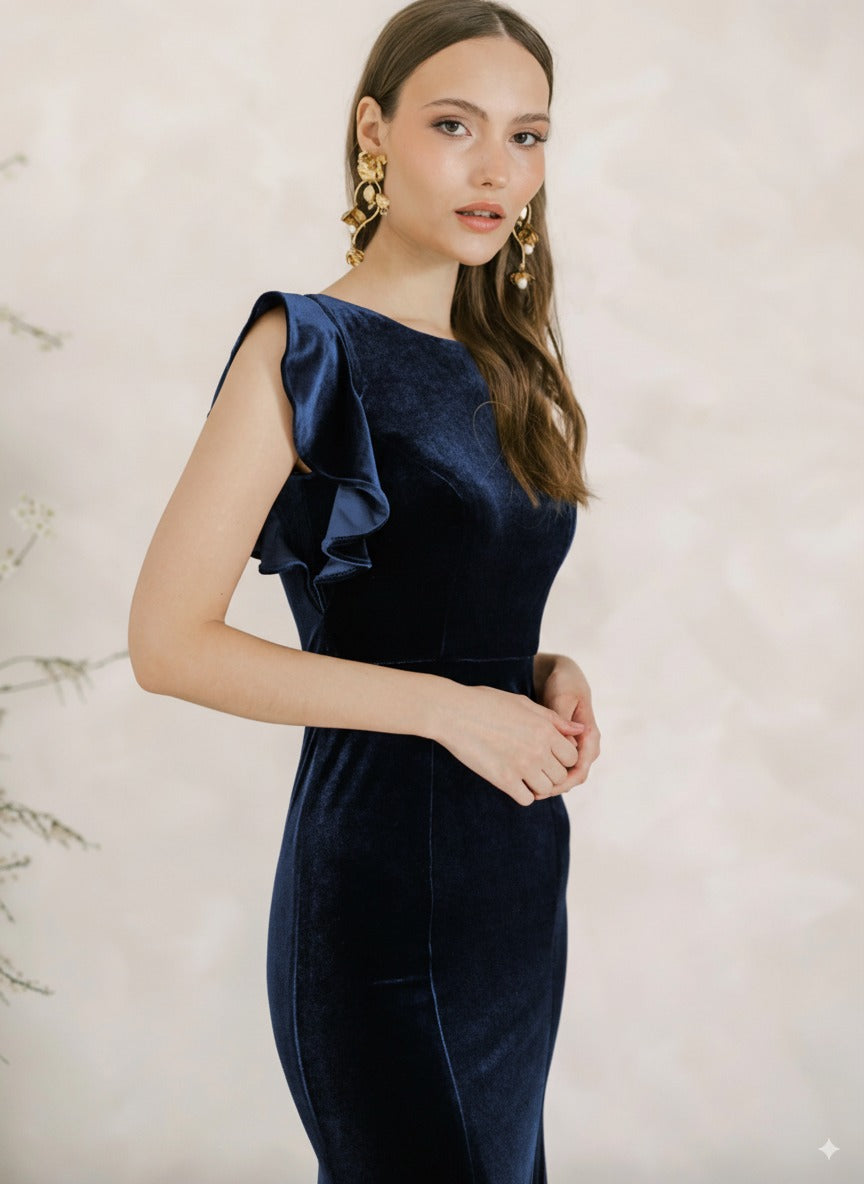 Cecelia Velvet Bridesmaid Dress in Navy