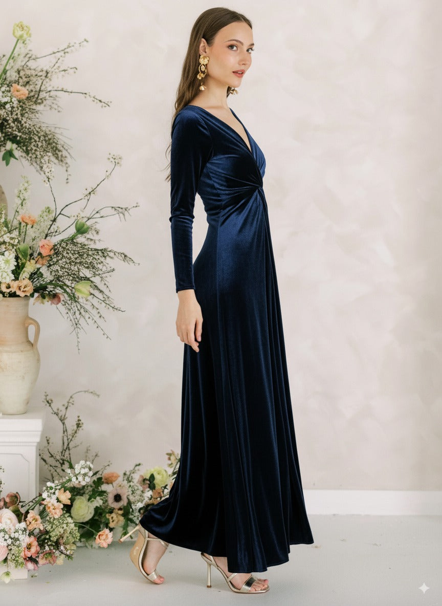 Camilla Velvet Long Sleeve Bridesmaid Dress in Navy
