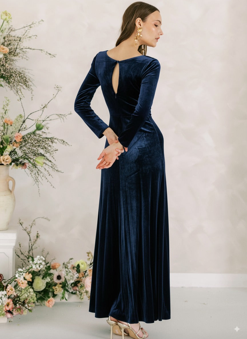 Camilla Velvet Long Sleeve Bridesmaid Dress in Navy