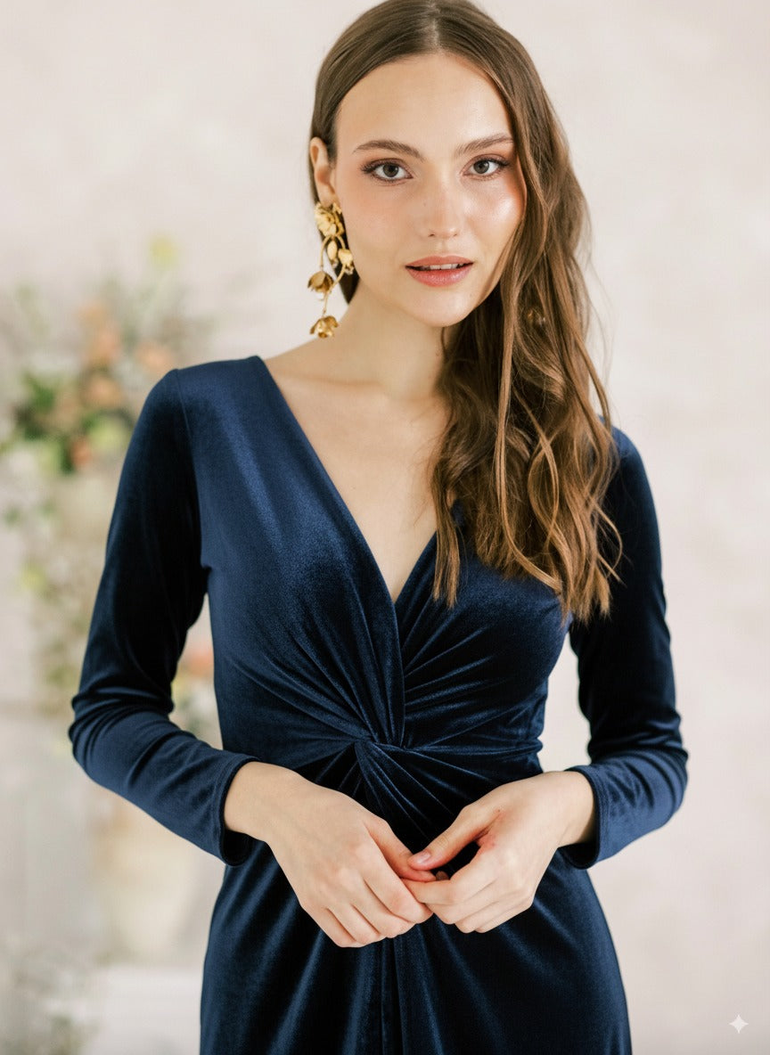 Camilla Velvet Long Sleeve Bridesmaid Dress in Navy