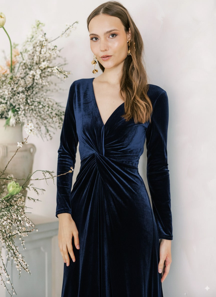 Camilla Velvet Long Sleeve Bridesmaid Dress in Navy