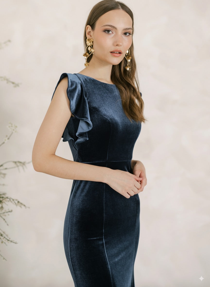 Cecelia Velvet Bridesmaid Dress in Smoke Blue