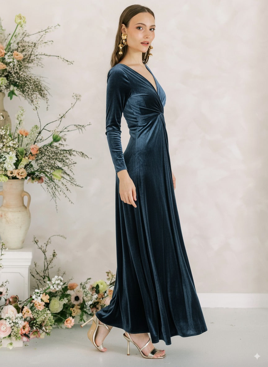 Camilla Velvet Longsleeve Bridesmaid Dress in Smoke Blue