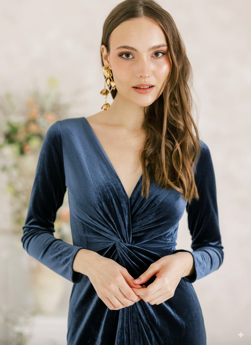 Camilla Velvet Longsleeve Bridesmaid Dress in Smoke Blue