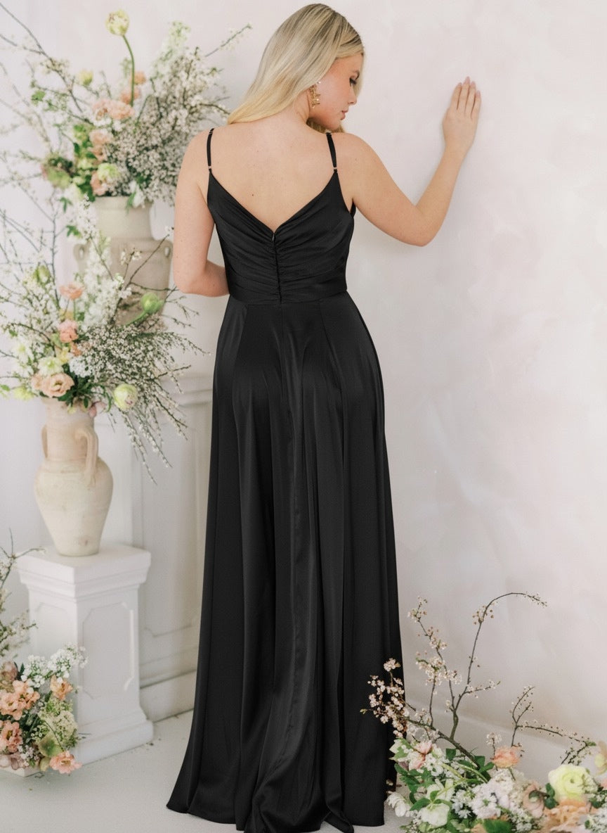 Isla Bridesmaid Dress in Black Satin