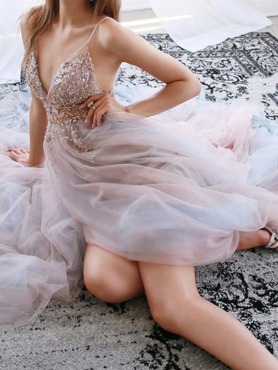 Sexy Party Dress Beaded Spaghetti Strap Backless Tulle Maxi Dress 60cm Train