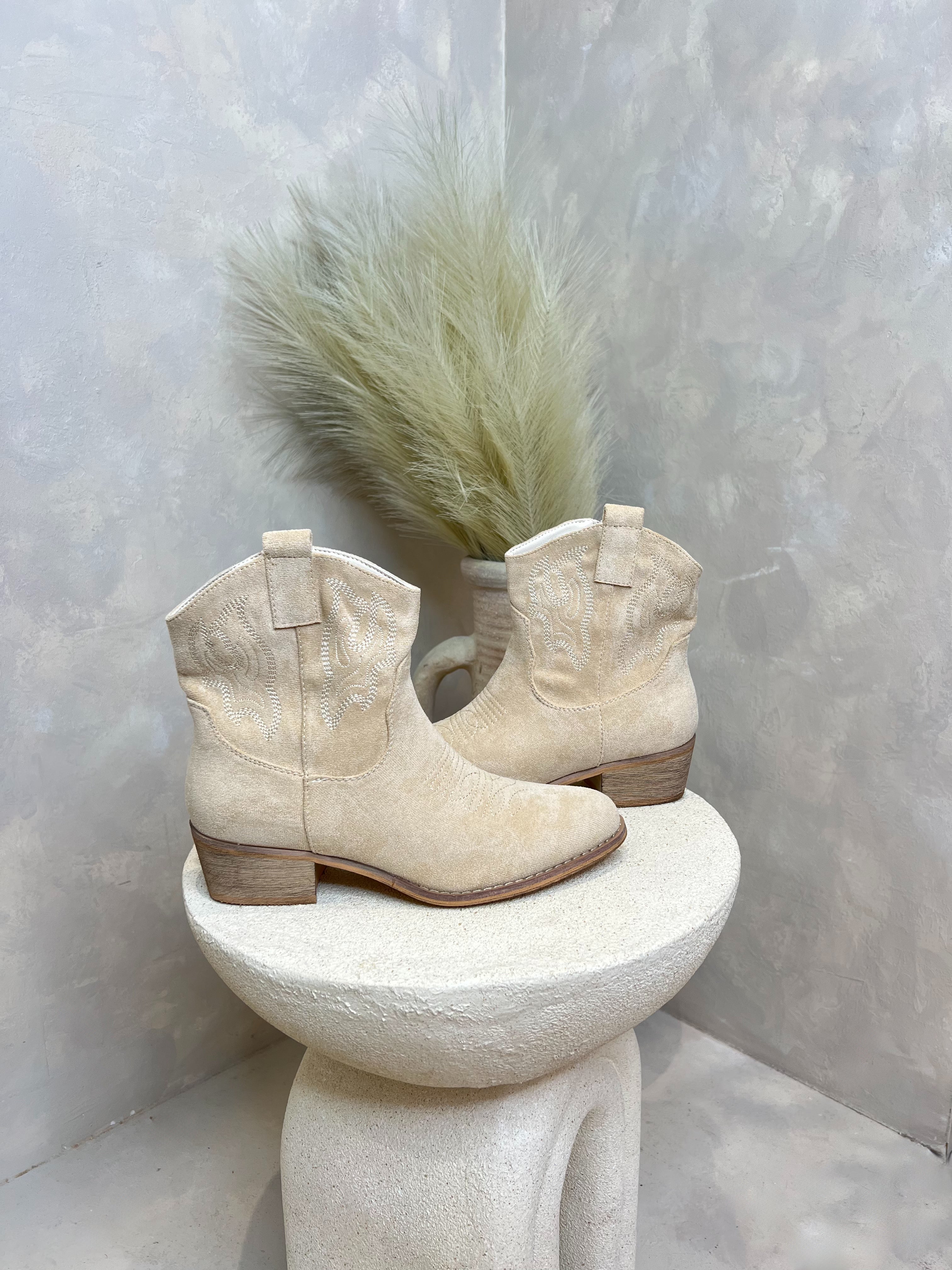 Beige Suede Effect Ankle Cowboy Boots