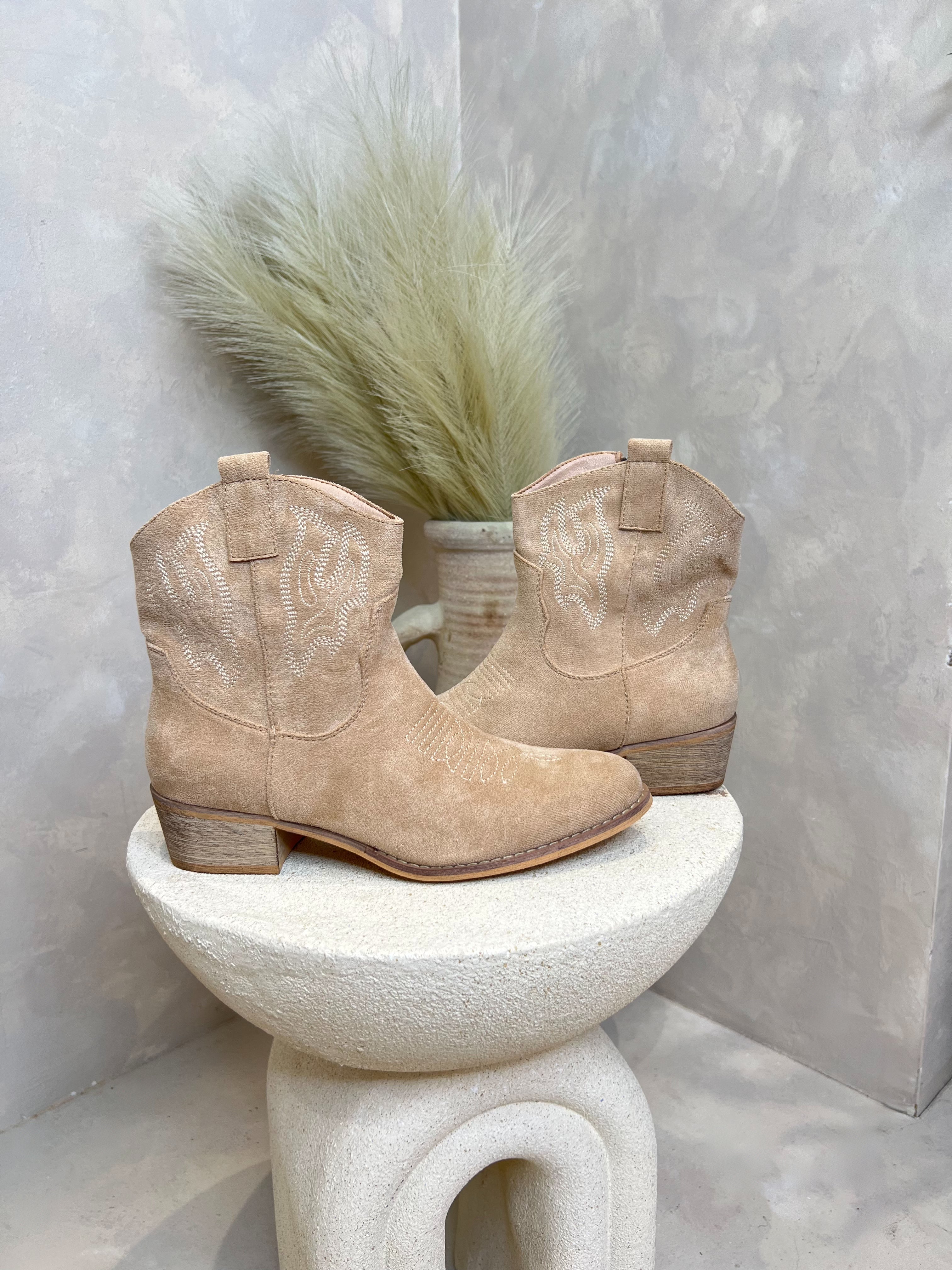 Dark Beige Suede Effect Ankle Cowboy Boots