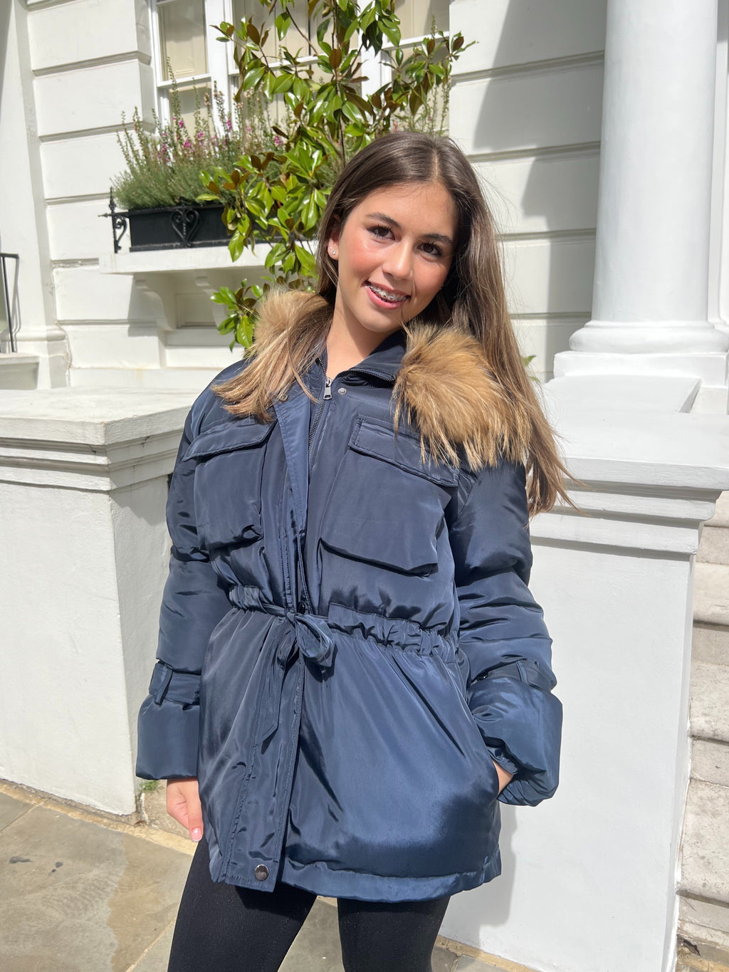 Navy/Natural Drawstring Luxury Fur Padded Belted Coat